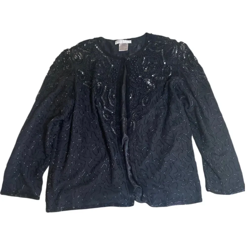 Adrianna Papell Evening Black Silk Beaded Jacket XL Sequins Formal Event Holiday